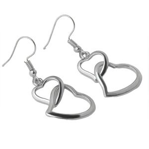 Double Heart Silver Tone Dangle Earrings